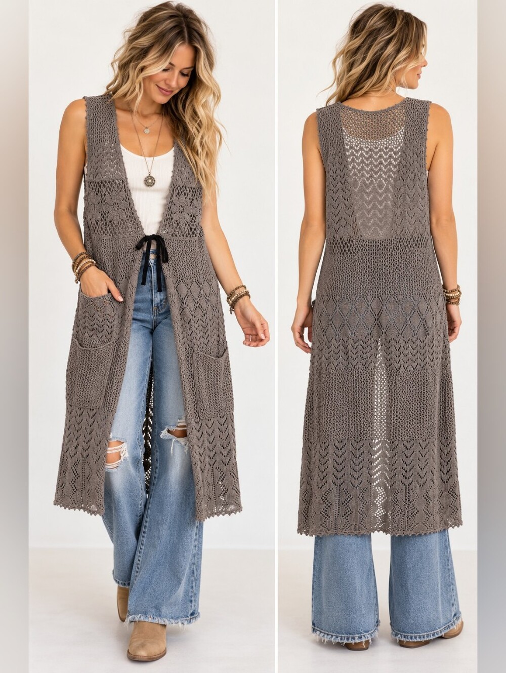 Lis Khros Gray Crochet Open Knit Long Vest Duster Boho Lagenlook Size M/L